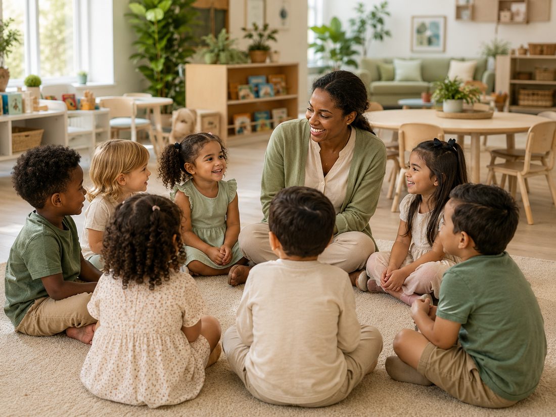 A Holly Springs Academy teacher sharing circle time with children
