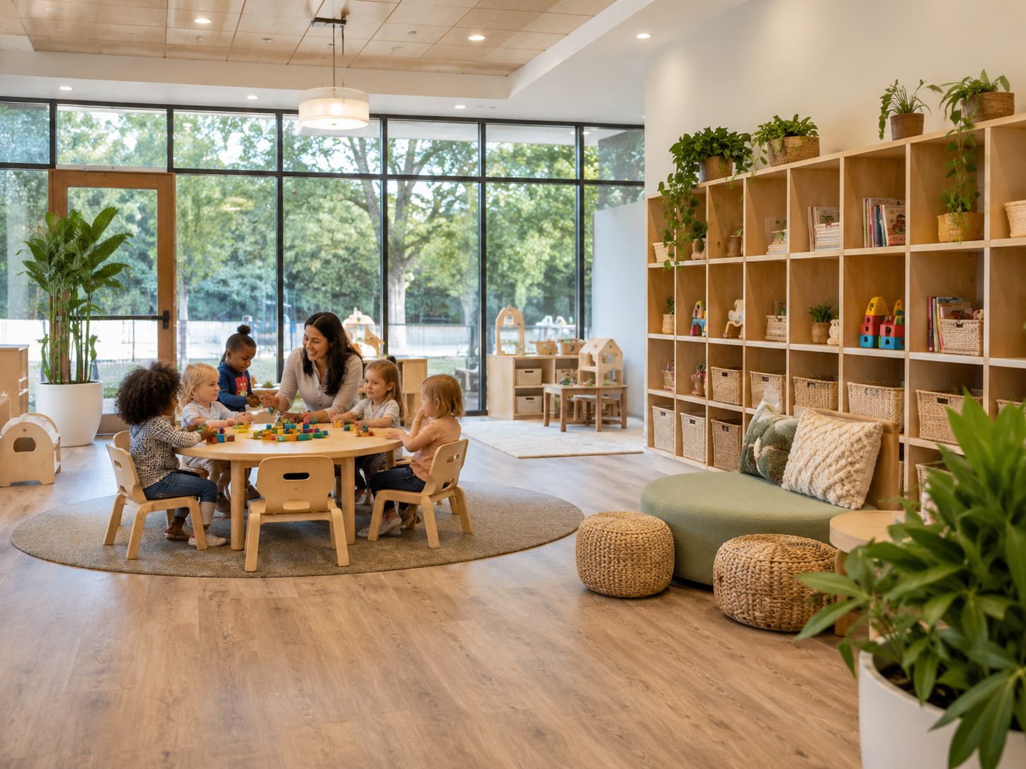 Children and a teacher playing together in a bright Holly Springs Academy classroom
