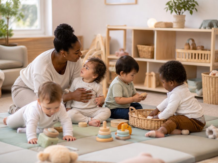 Infants playing with wooden toys beside a caregiver