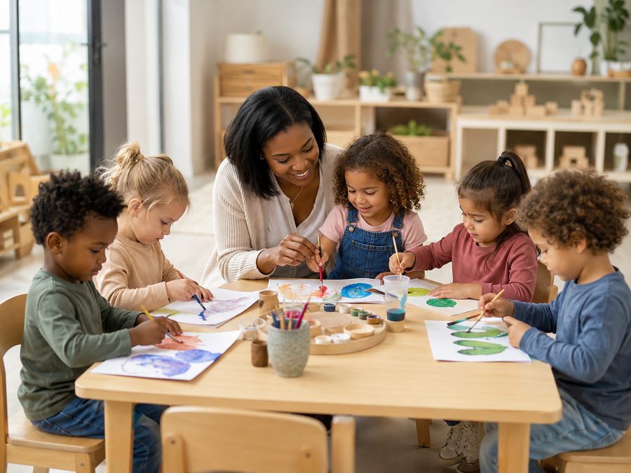 Preschoolers painting at a table with their teacher
