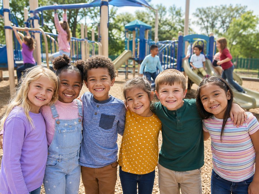 Smiling children together on a sunny playground
