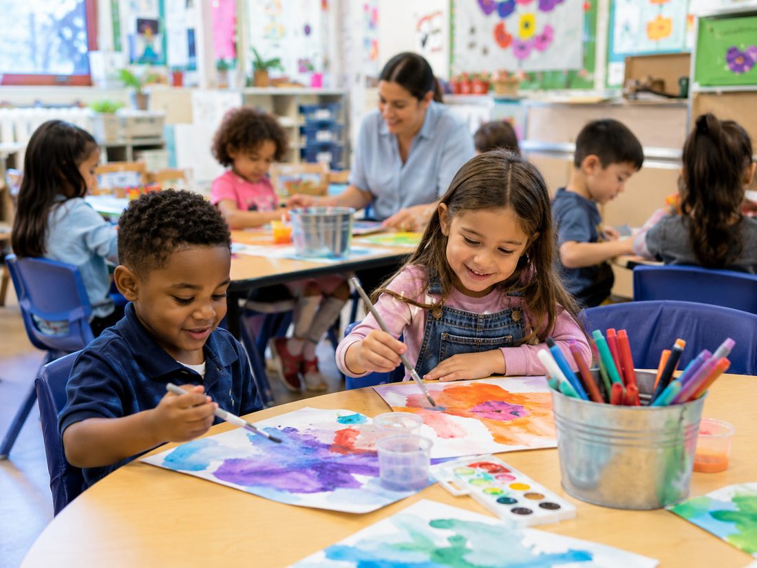 Preschoolers painting with watercolors at Holly Springs Academy
